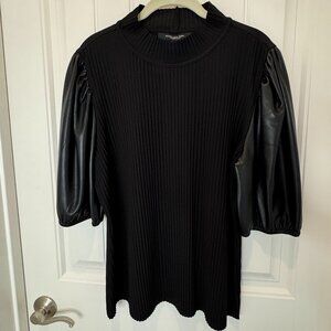 BRAND NEW!  Black Knit Top with Leather-like Sleeves!  Size Women's XL